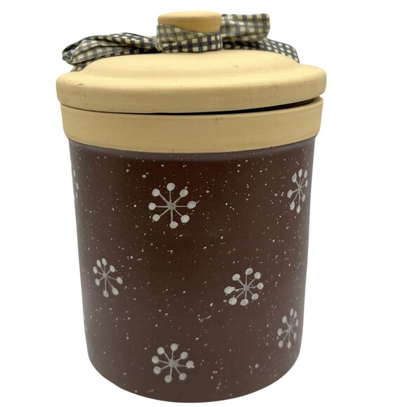 Happy Holidays 3D Snowman Ceramic Cookie Jar Lid Bow 7" Brown Snowflake Design - Picture 8 of 12